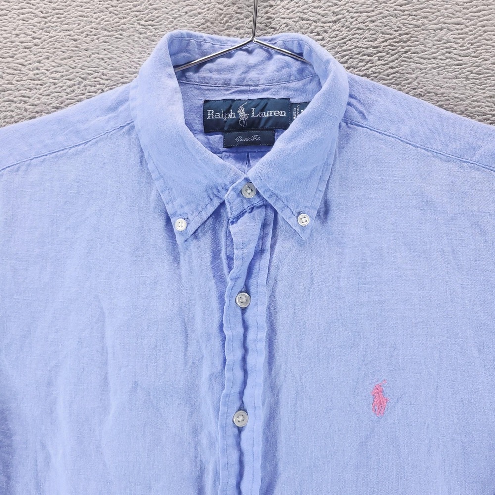 Polo Ralph Lauren Shirt Mens M Blue Linen Short Sleeve Button Down Pony Logo